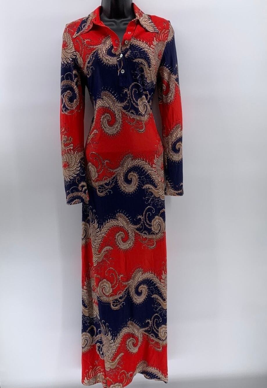 RICHARD SHOPS Women's Red-Navy Dragon Print Henley Long Sleeve Maxi Dress SZ 14